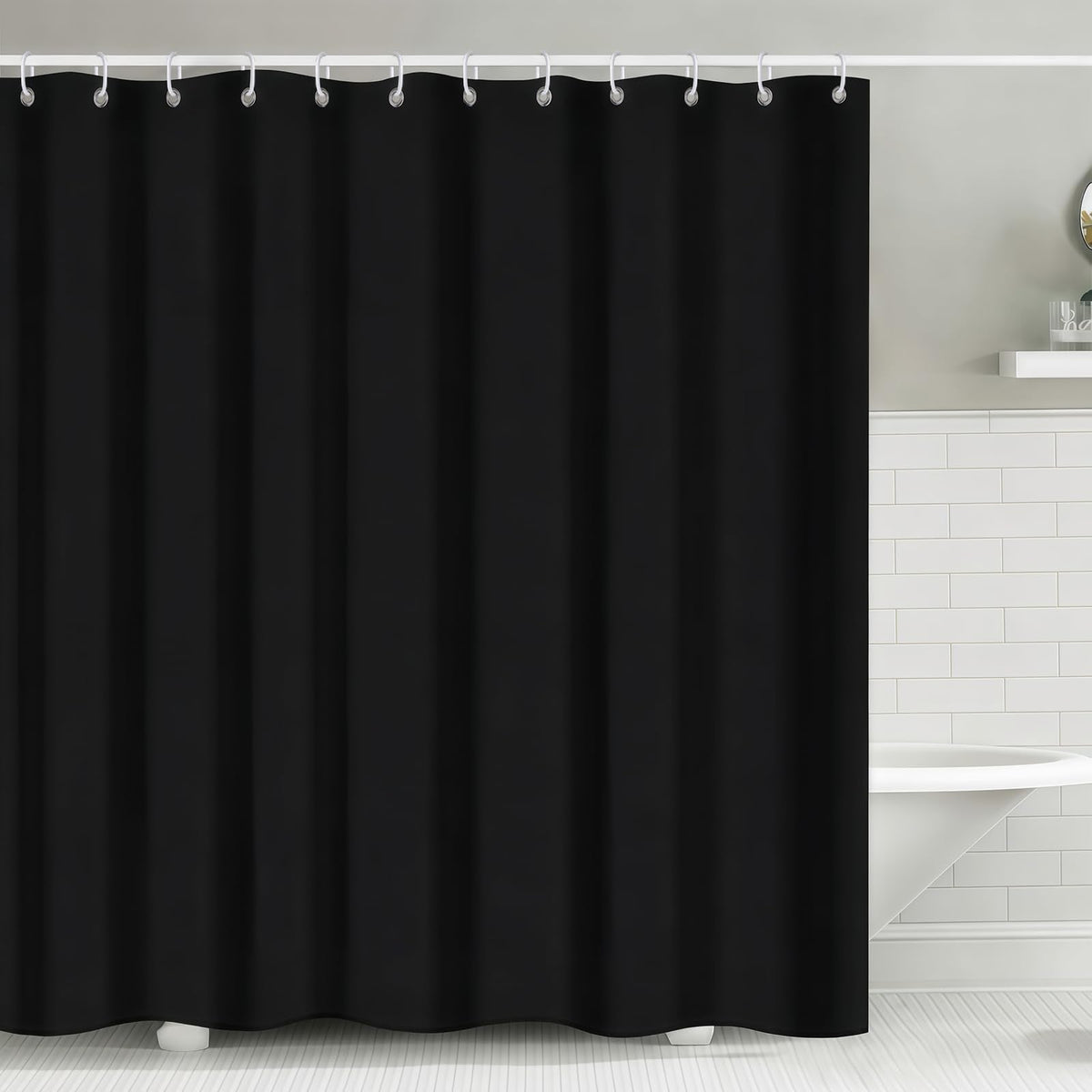 FAVORTALK Black Shower Curtains Waterproof Polyester Fabric Shower Curtain Mould Proof Mildew Resistant 180x180cm Solid Bathroom Curtain Set with 12 - image 1