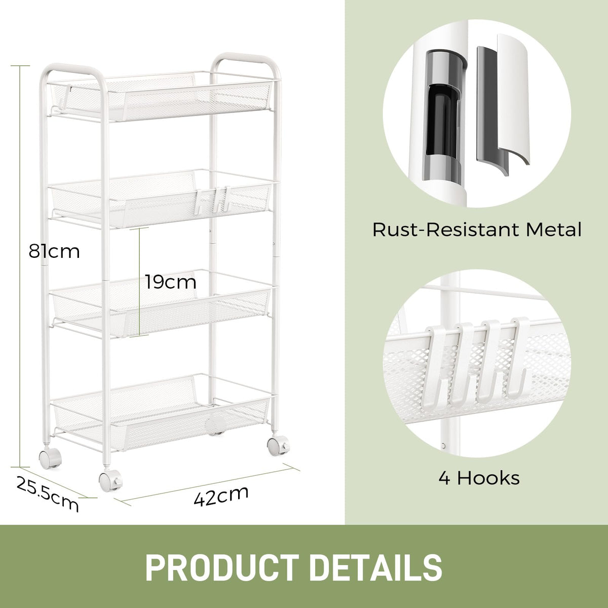 WELDUN 4-Tier Storage Trolley, Meatl Rolling Cart, Mesh Storage Cart White - image 2