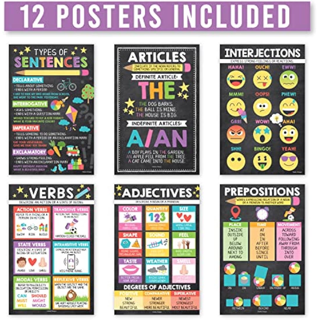 Hadley Designs 12 Parts of Speech Grammar Posters for Classroom Decor