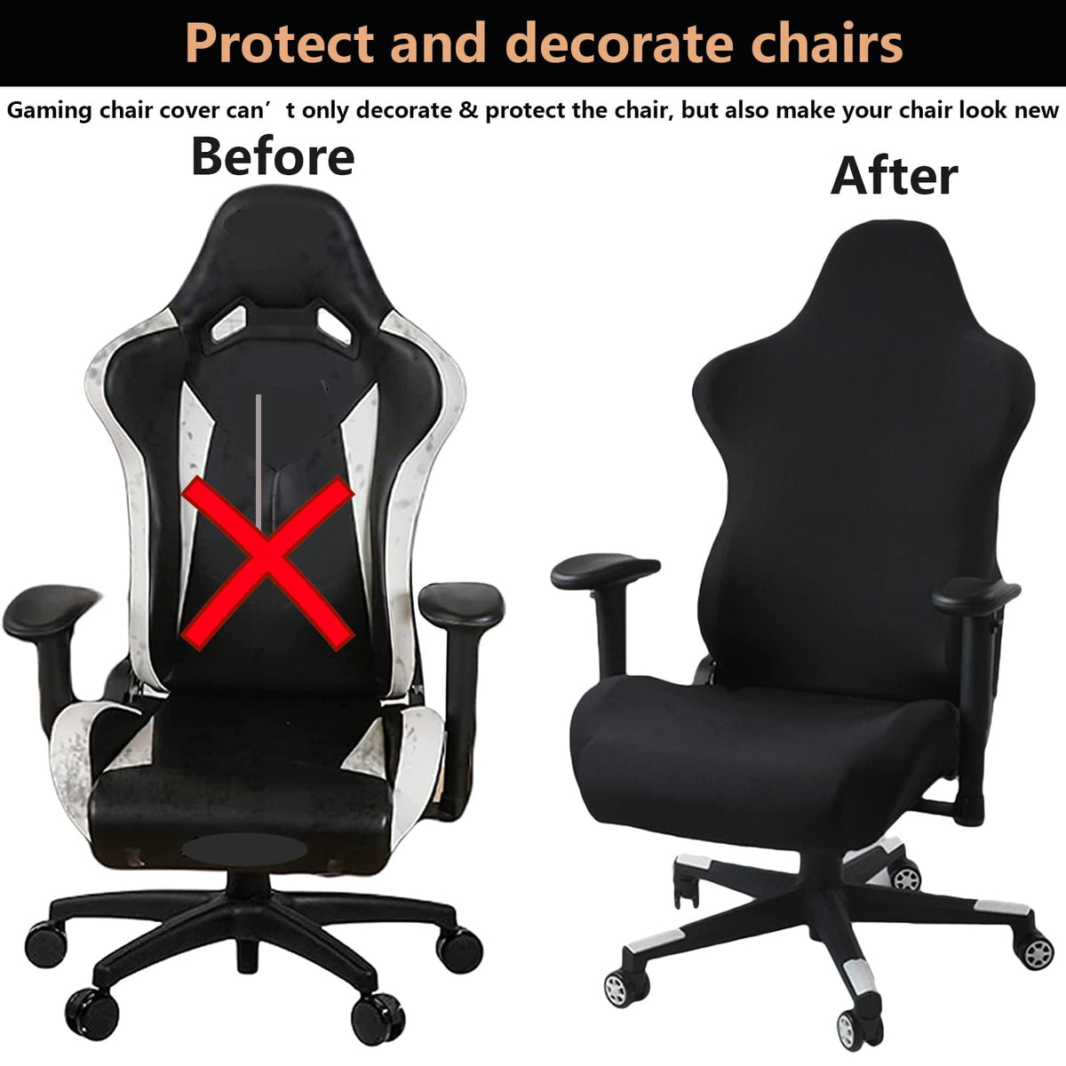 MiseYu Gaming Chair Cover, 4pc Set Armrest & Back & Seat Covers, Stretchable, Black, Modern Style, Gaming & Office Chair Cover - image 3