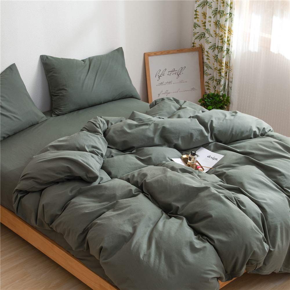 Ruccit Sage Green King Duvet Cover Set | 100% Washed Cotton 3pc Bedding