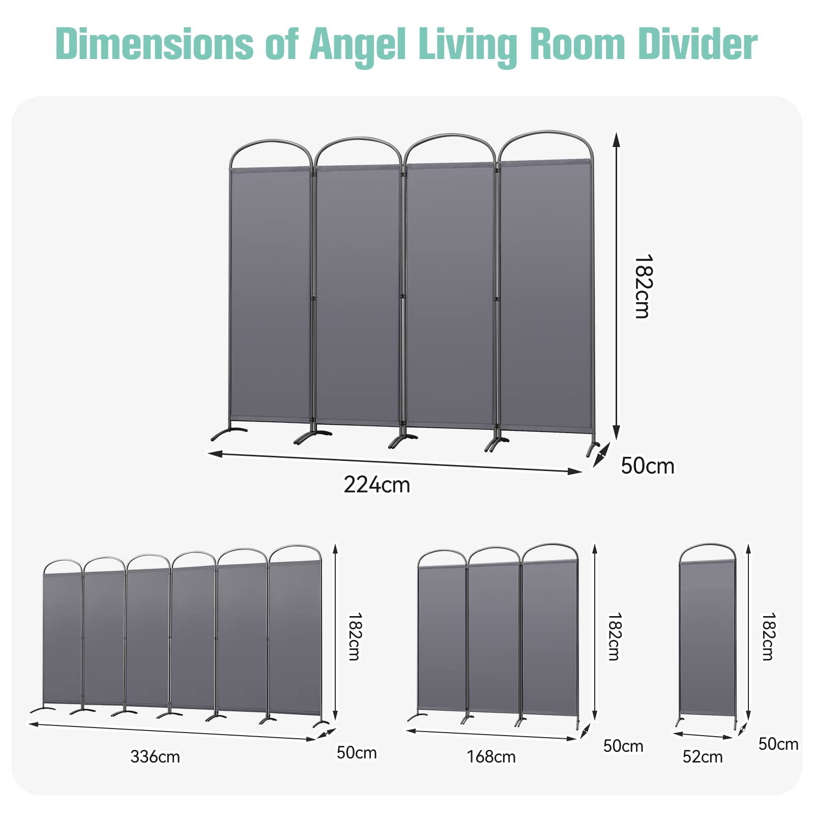 Angel Living 4-Panel Room Divider | Grey Privacy Screen 224x182cm