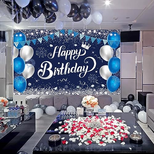 Happy Birthday Banner – Blue & Silver Fabric Party Backdrop