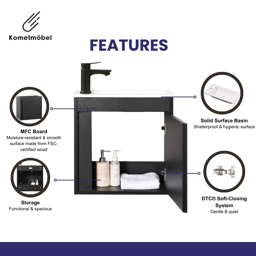 Kometmöbel Cloakroom Vanity Unit With Wash Basin Bathroom Vanity 50cm Wall Hung Black Without Tap, 500mm