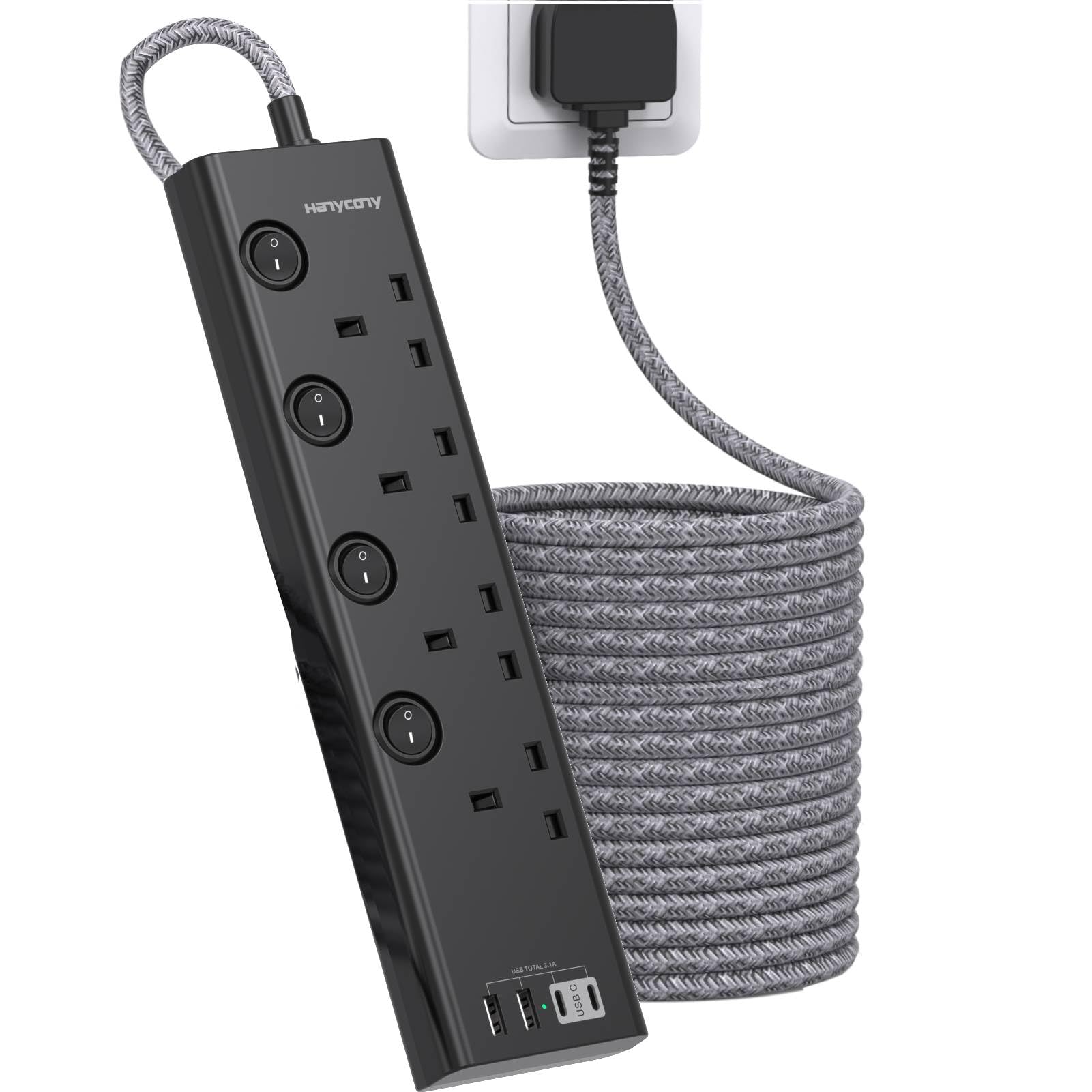 5M Extension Lead – 4 Way Socket with 4 USB Ports (2 USB-C)