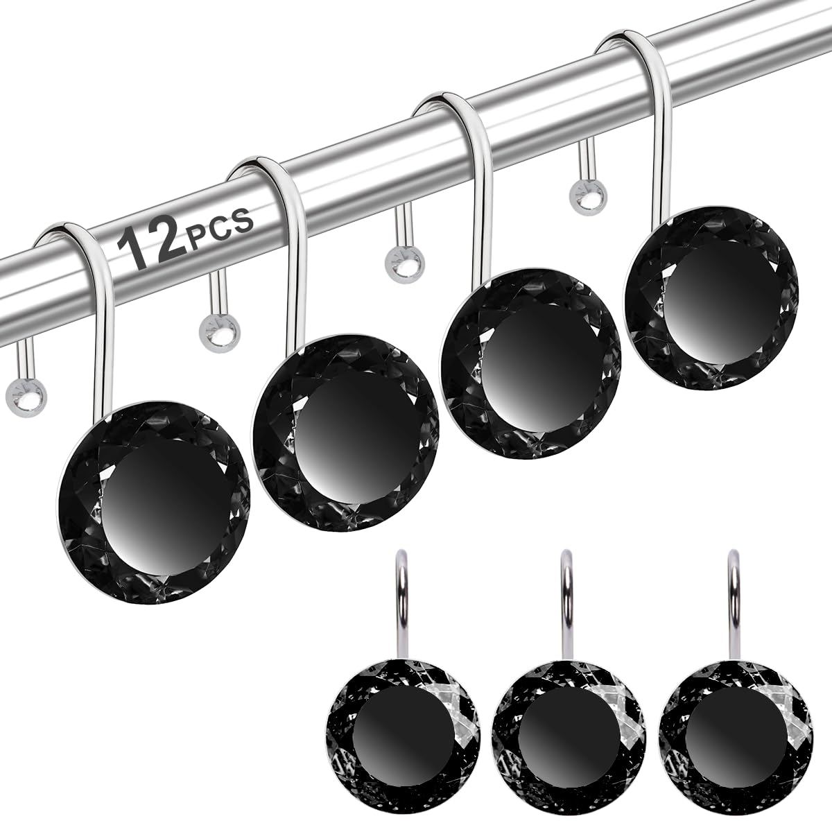 Yapicoco Shower Curtain Hooks – 12PC Rust-Resistant Rhinestone Rings