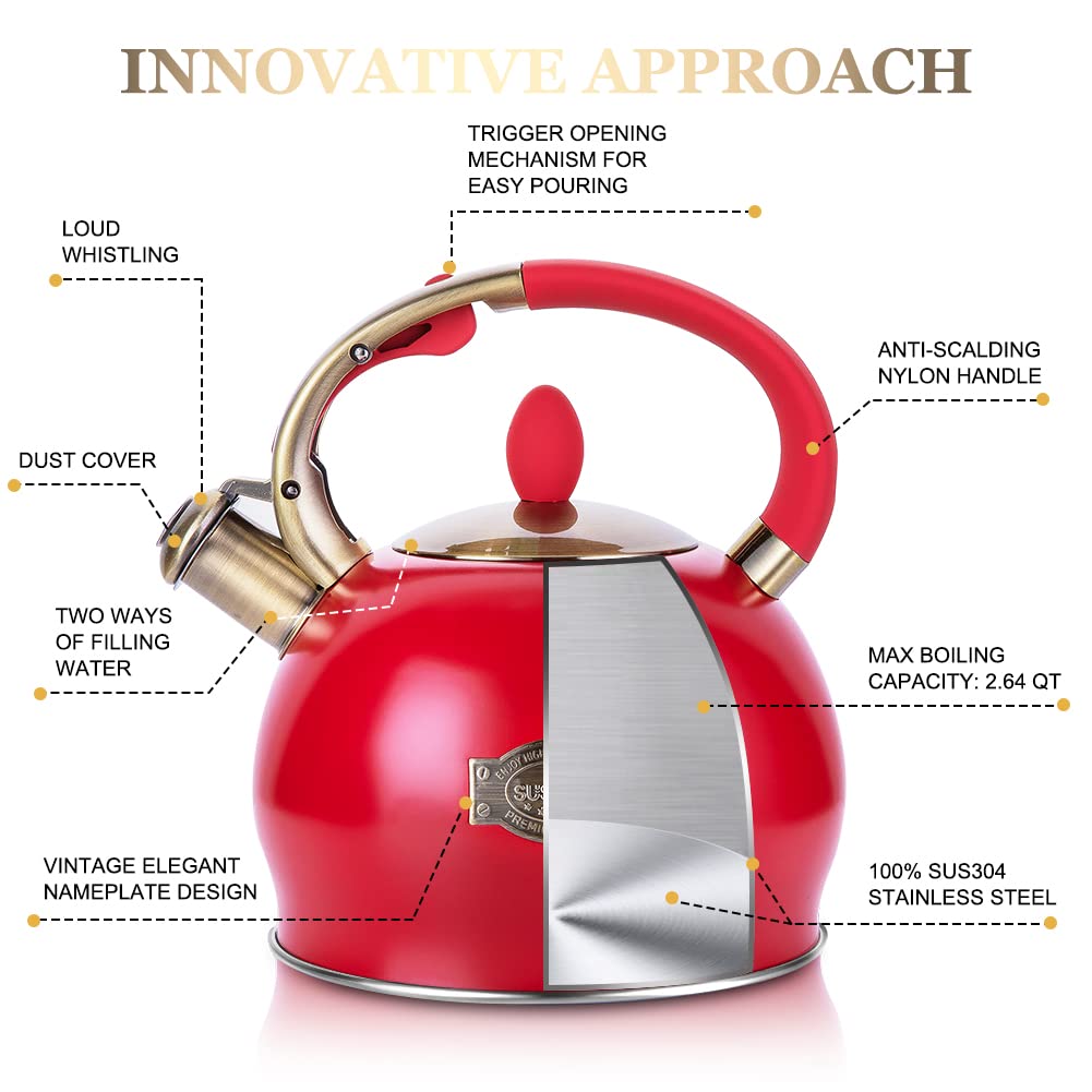 SUSTEAS Whistling Tea Kettle – 3L Stainless Steel Stovetop Teapot