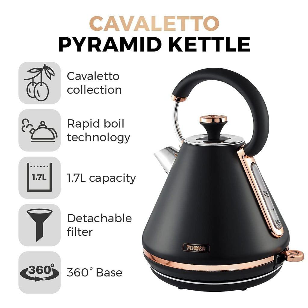 Tower Cavaletto Pyramid Kettle | 1.7L Rapid Boil | Black & Rose Gold