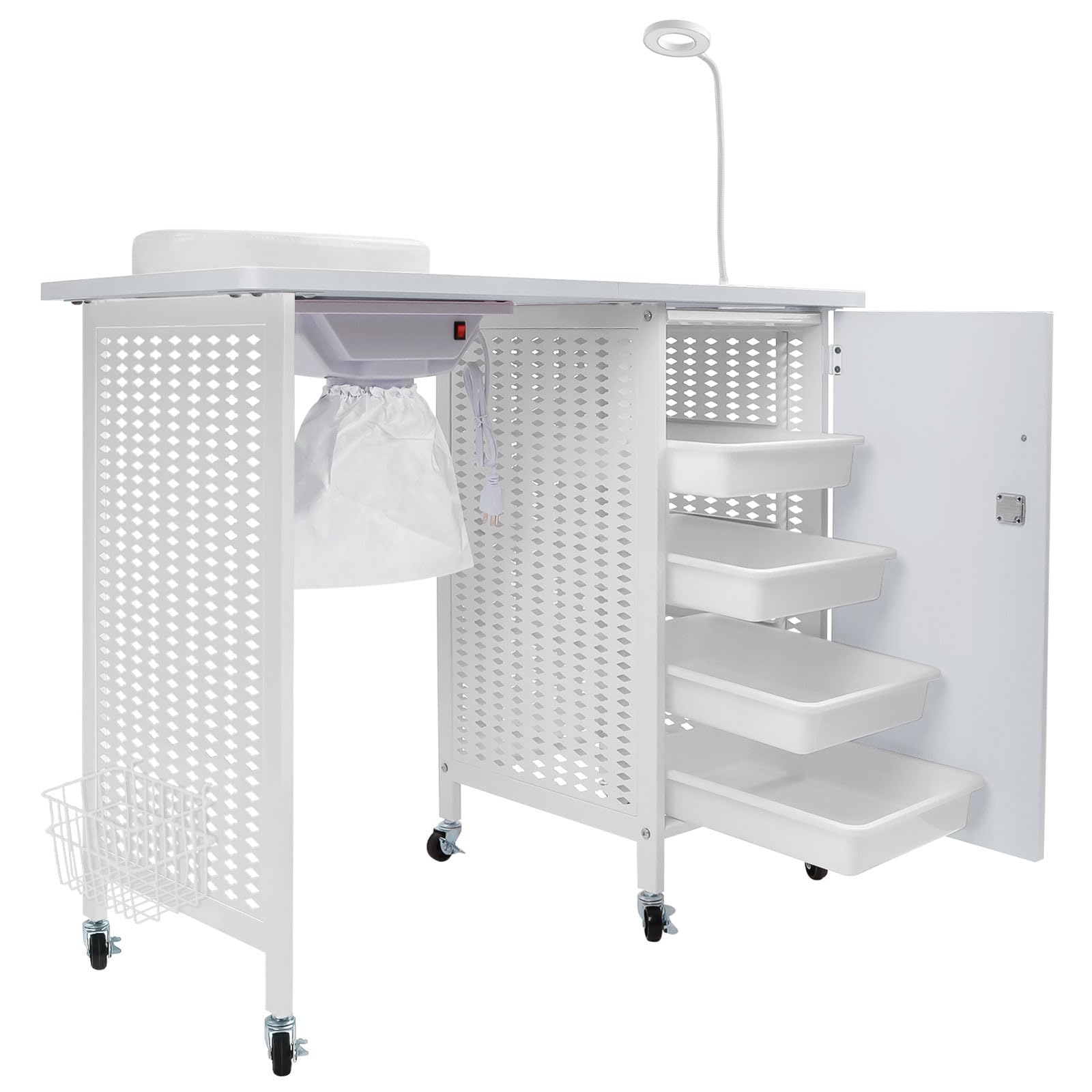 Kalolary Mobile Manicure Table with Dust Collector, LED Lamp & 4 Drawers
