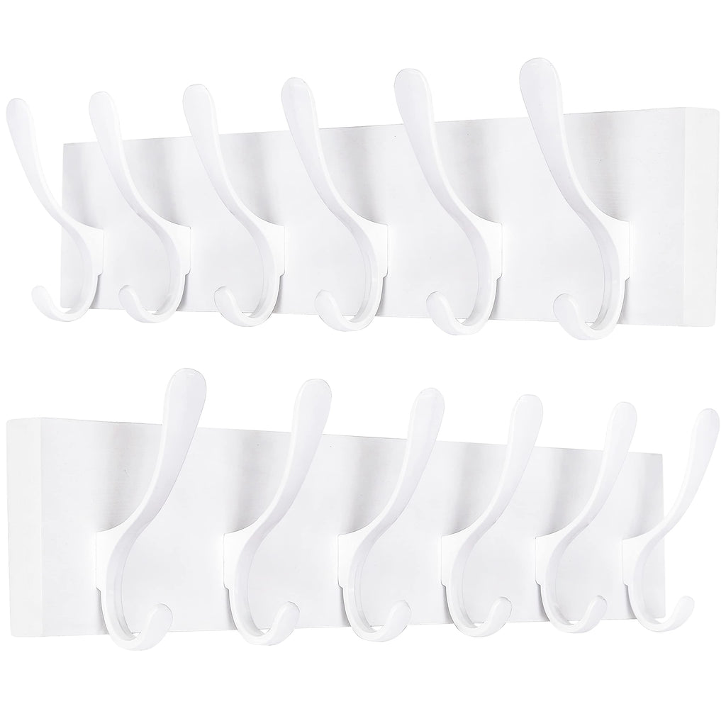 SKOLOO Wall Mount Coat Rack - 2 Pack White Pine Wood Hanger with 6 Hooks