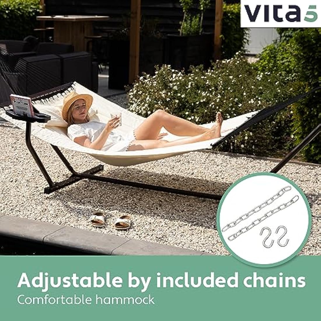Vita5 Double Hammock with Heavy Duty Stand, Side Table & Pillow - Beige