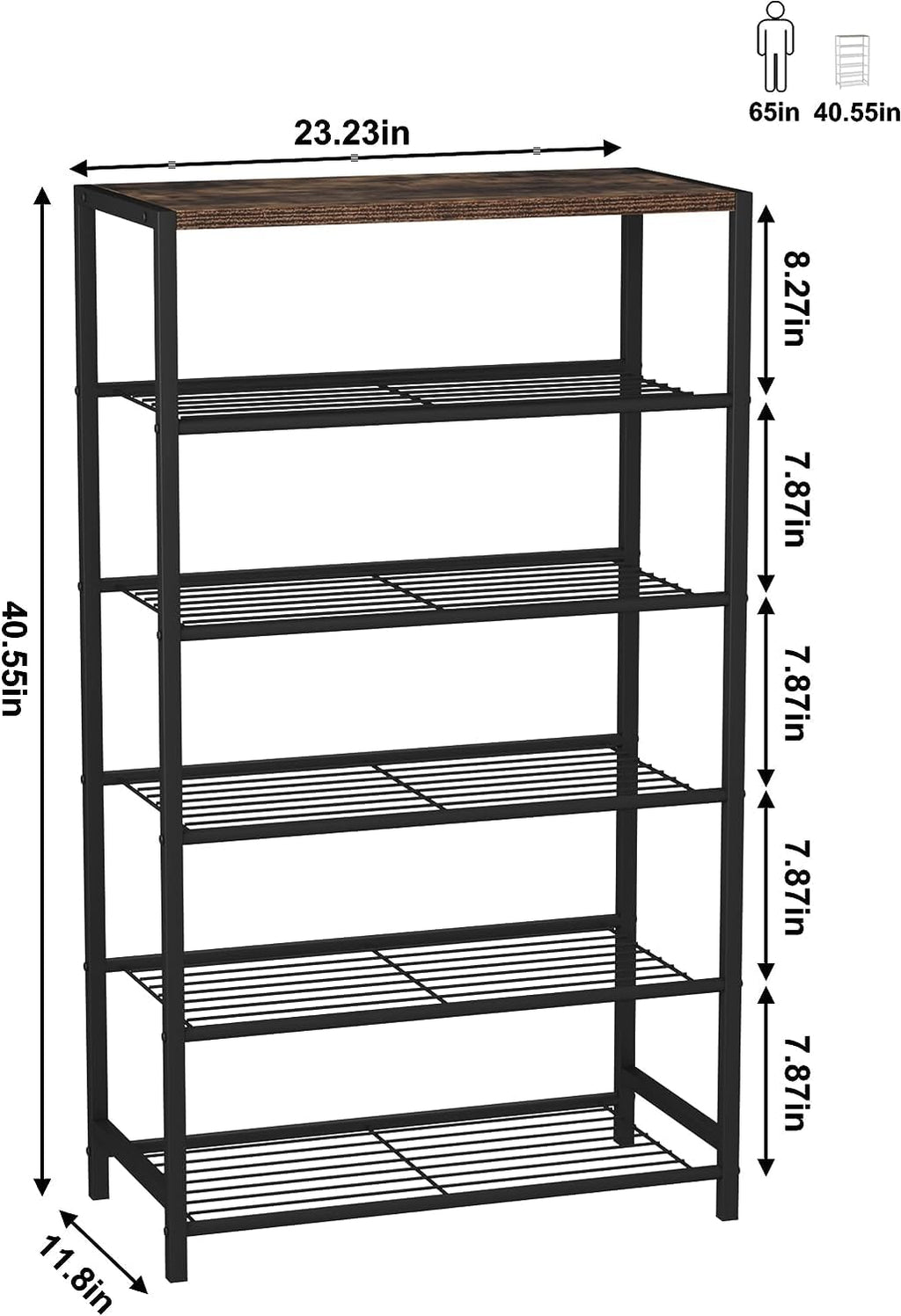 HOME BI 6-Tier Industrial Shoe Rack | Metal Storage Shelf with MDF Top
