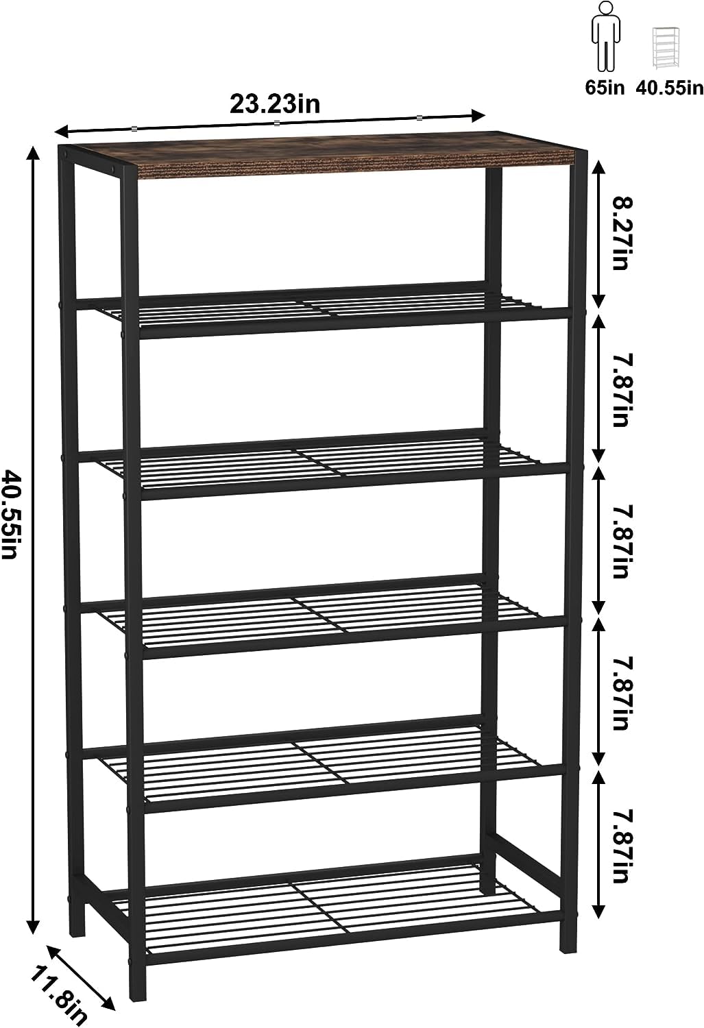 HOME BI 6-Tier Industrial Shoe Rack | Metal Storage Shelf with MDF Top