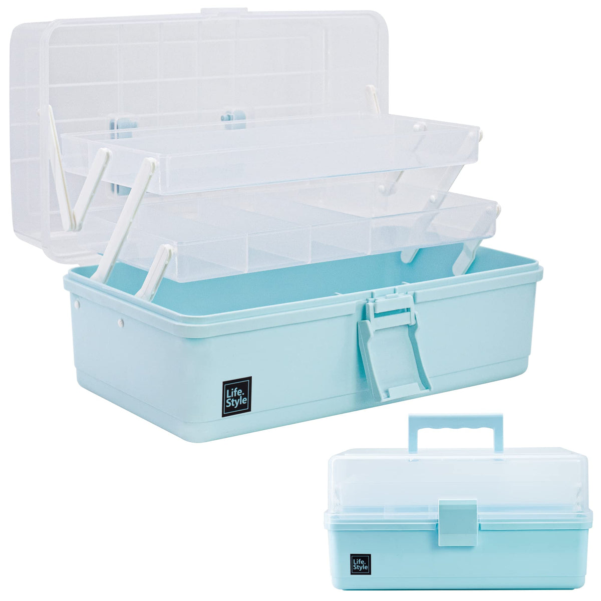 Creahaus 13" Multipurpose Storage Box with Compartments, Craft & Sewing Box with 2 Trays Blue