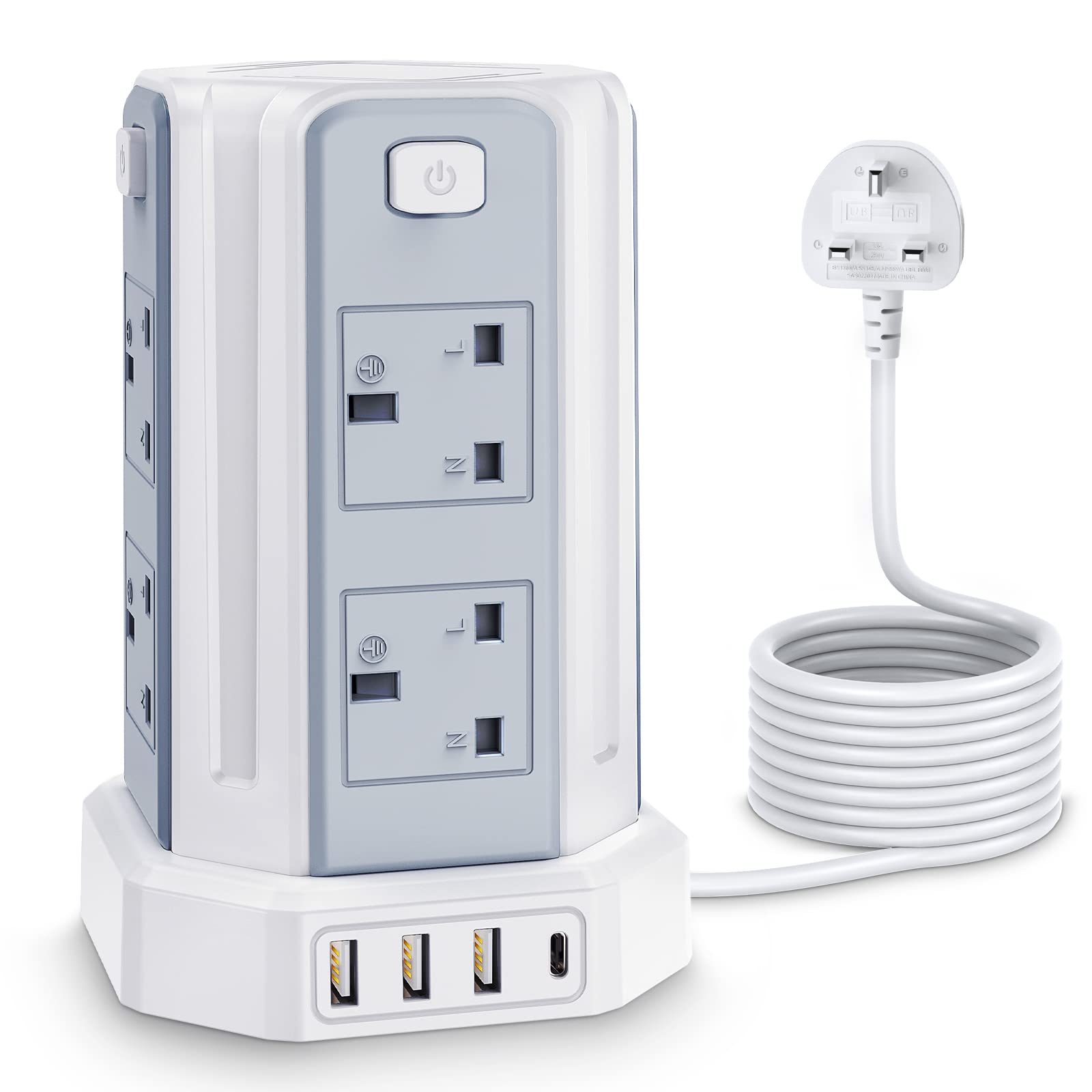 Tower Extension Lead | 8 Outlets, 4 USB & 3M Cord