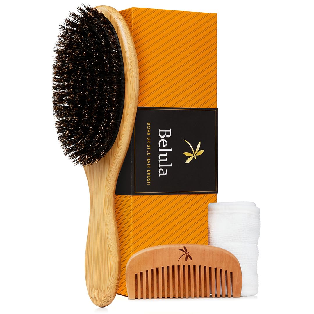 Belula Boar Bristle Hair Brush Set for Thin Fine Hair – Wood Comb & Bag
