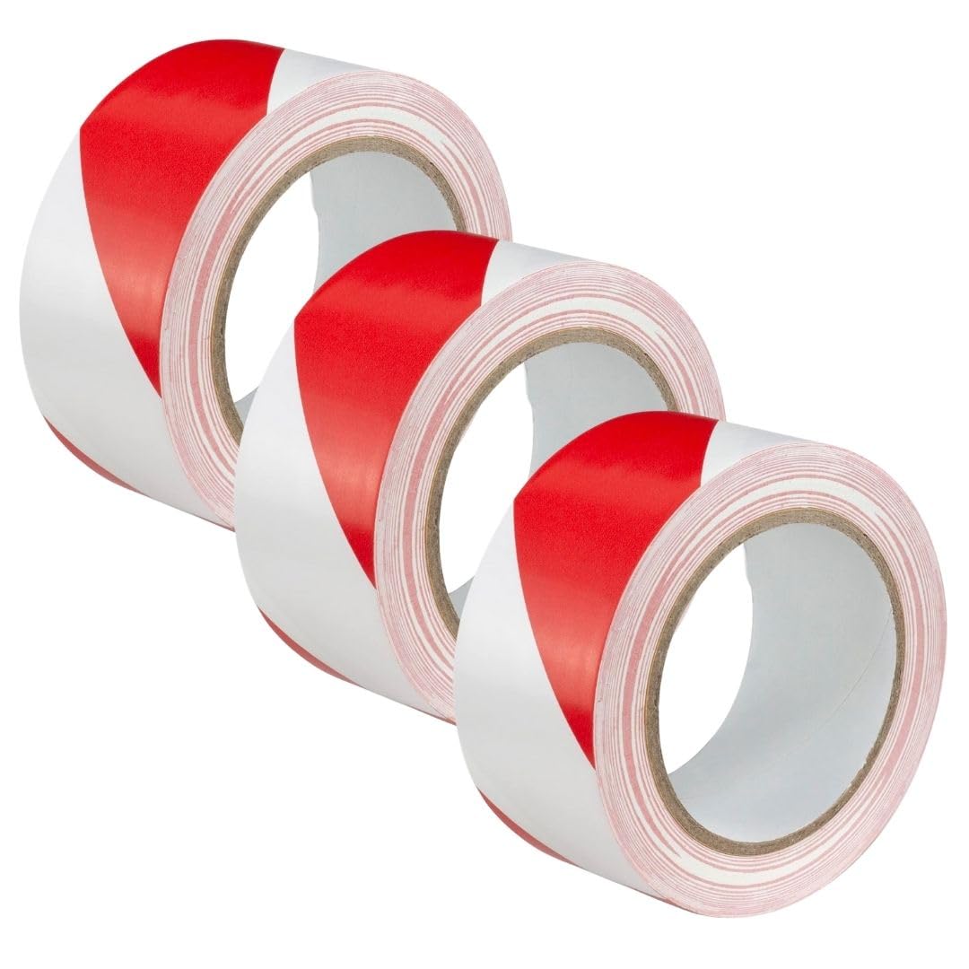 GTSE Red and White Hazard Tape | 50mm x 33m Floor Marking Tape | 3 Rolls
