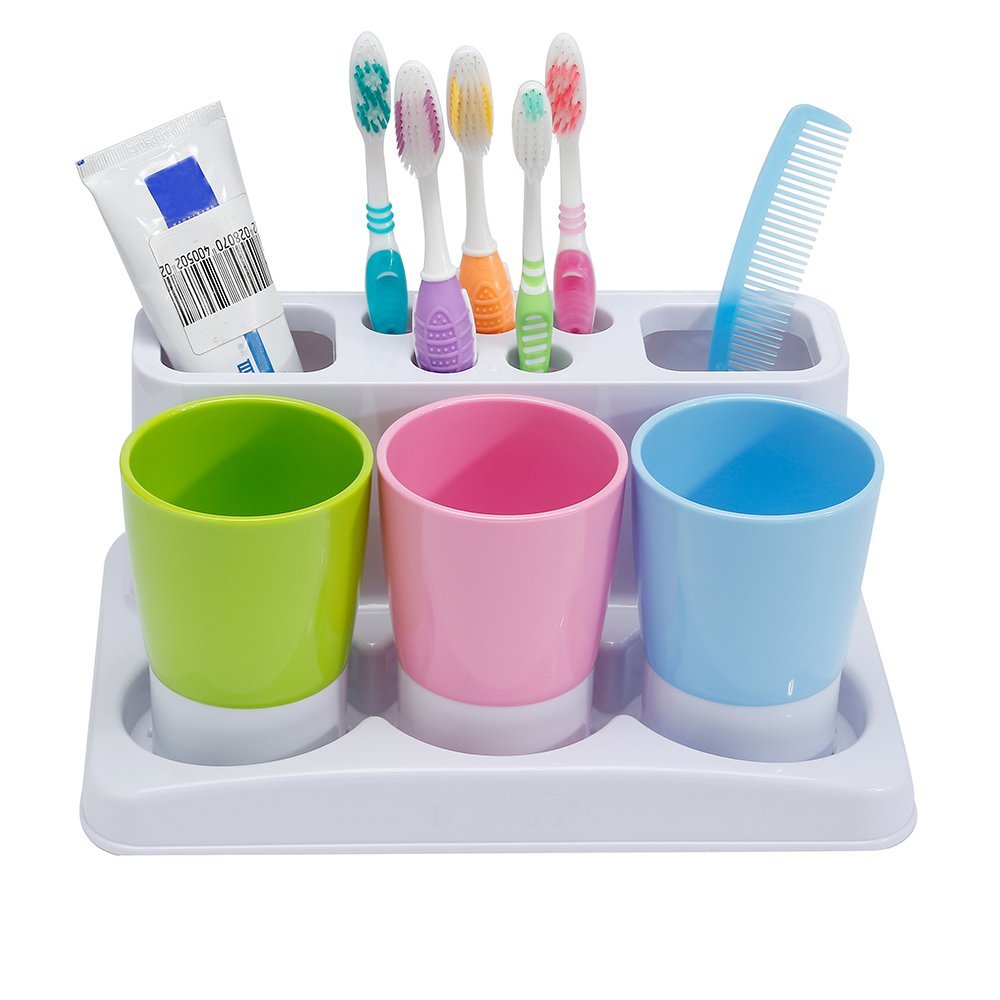 Eslite Bathroom Toothbrush Holder Set – 3 Cups & 5 Slots Storage Rack