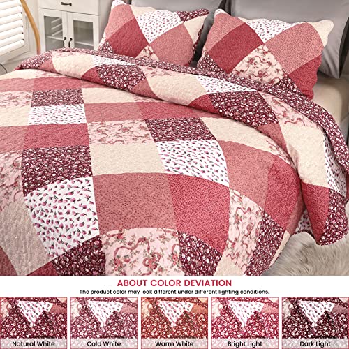 Qucover Super King Patchwork Quilted Bedspread - Red Floral Microfiber Set