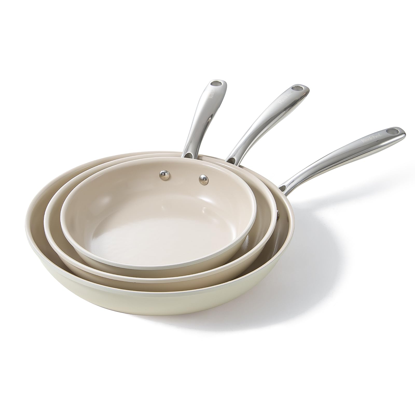 Redchef Ceramic Nonstick Frying Pan Set - 3-Piece Oven Safe Skillet (Beige)