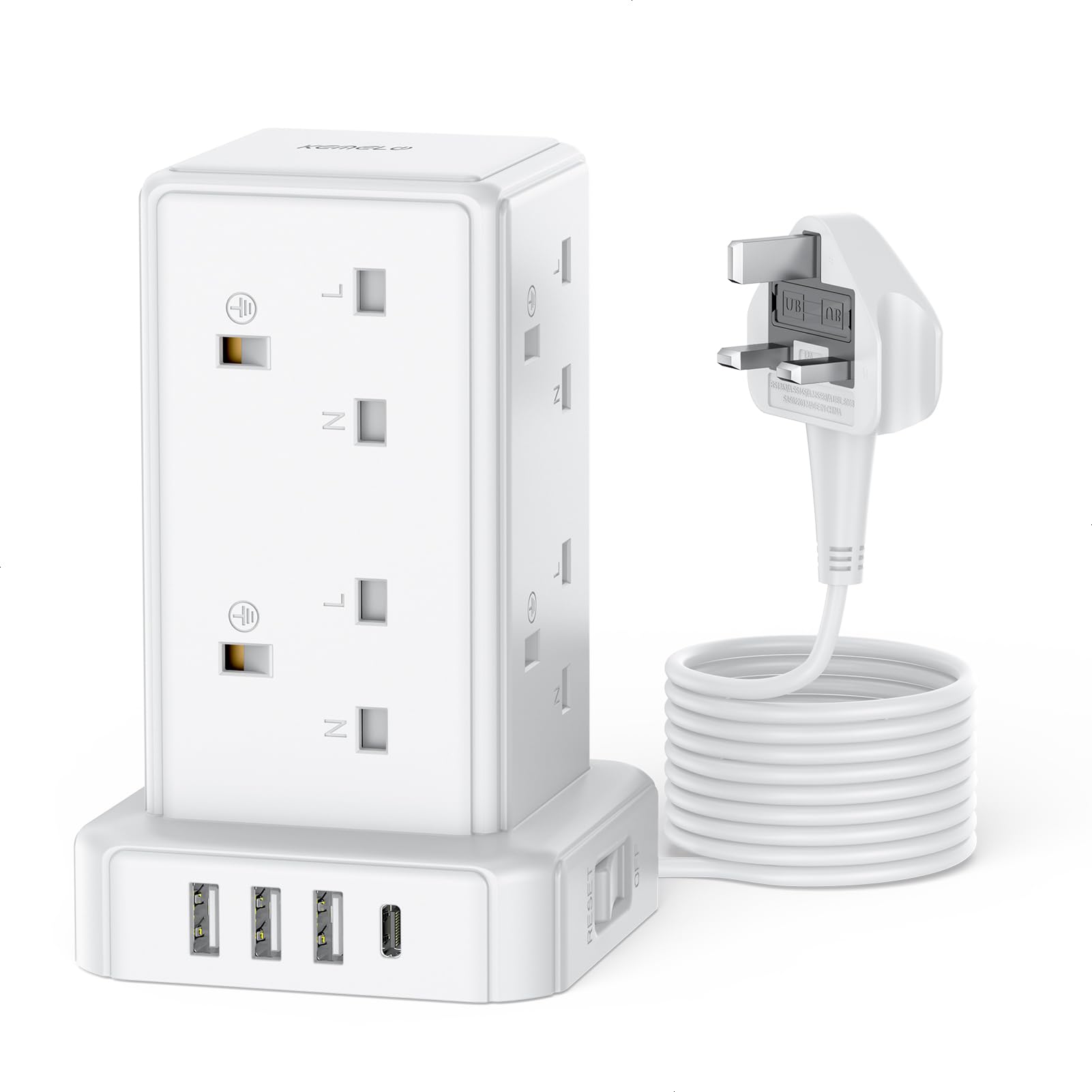 8-Way Tower Extension Lead | 4 USB Ports & 2M Cable
