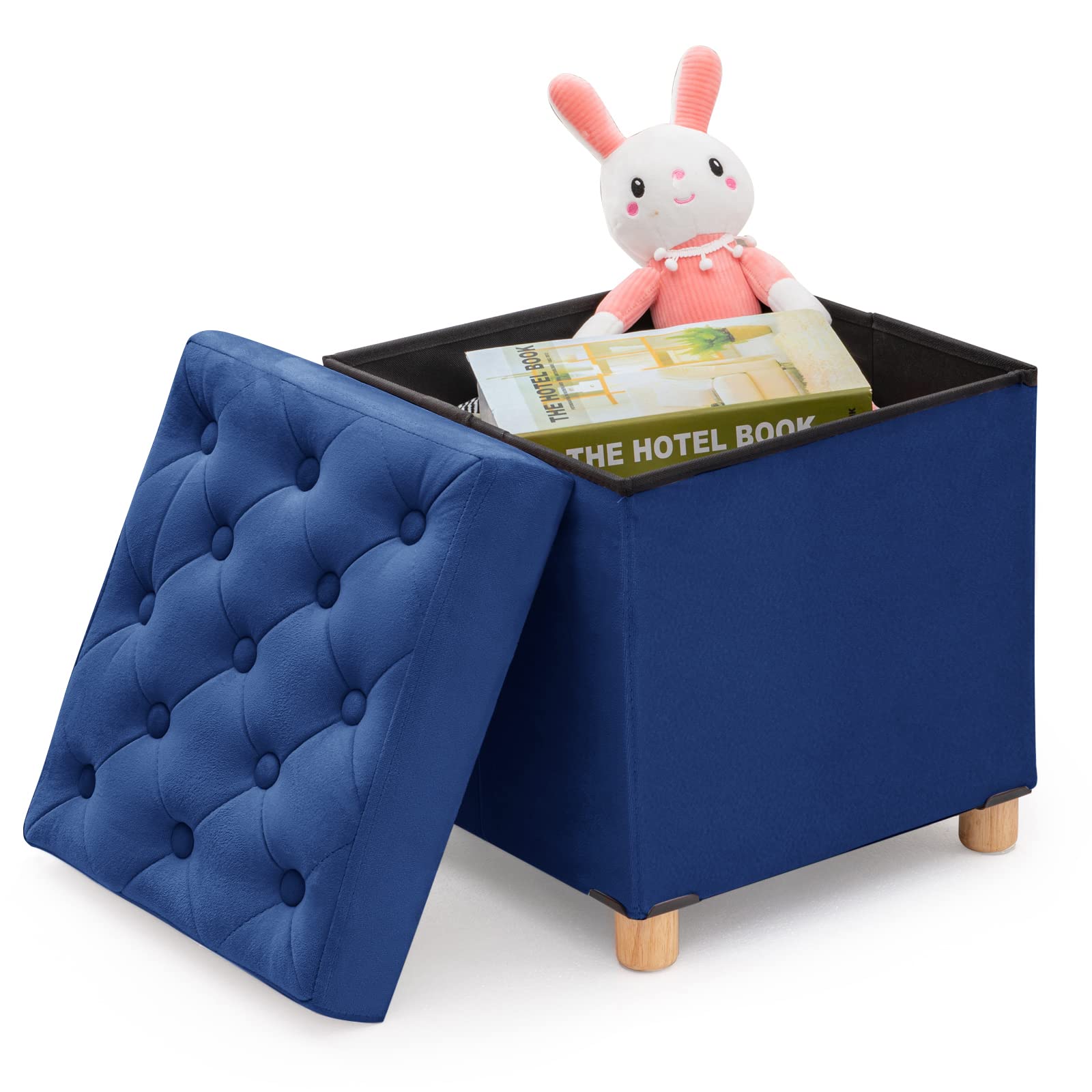 BRIAN & DANY Folding Storage Ottoman | Velvet Cube Footstool – Blue