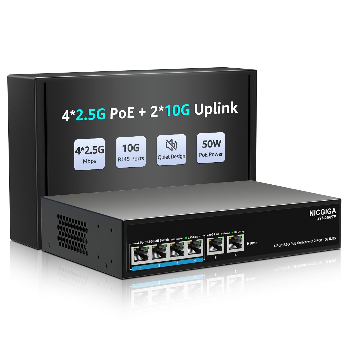 NICGIGA 6 Port 2.5Gb PoE Switch | 4x 2.5G PoE+ & 2x 10G RJ45 Uplink