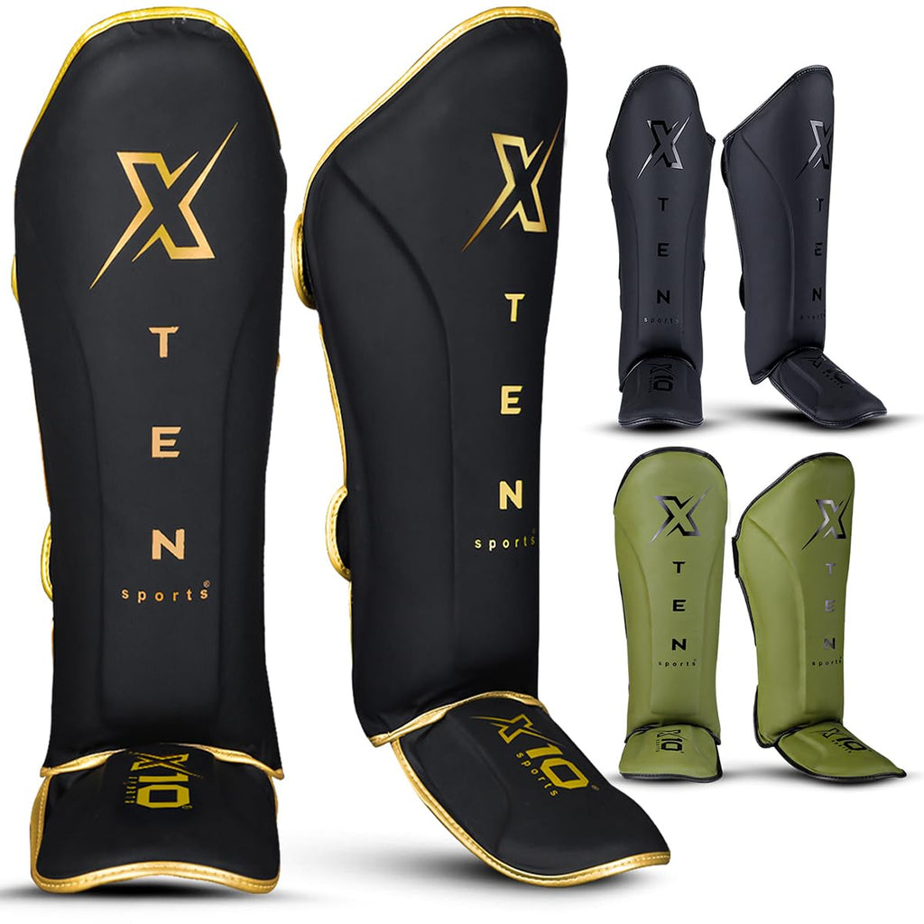 XTEN SPORTS Muay Thai Shin Guards | Gel Padded Leather Gear - Golden, XL