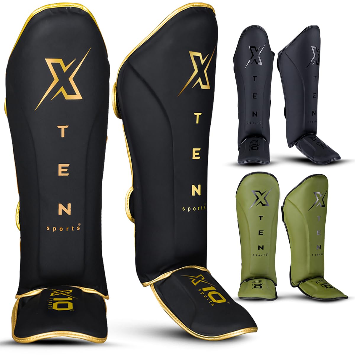 XTEN SPORTS Muay Thai Shin Guards | Gel Padded Leather Gear - Golden, XL