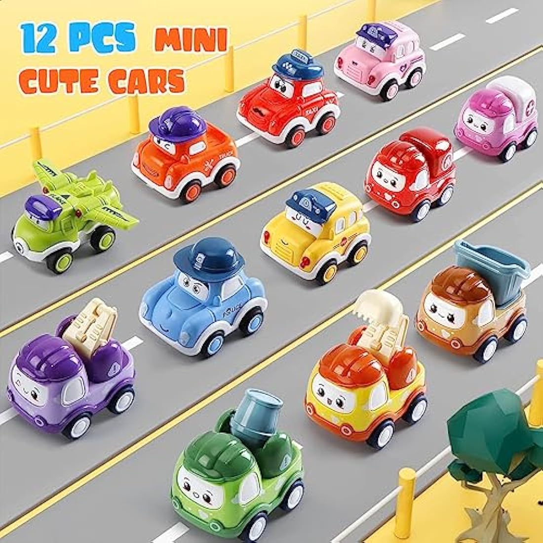 LULULIA 12-Piece Pull Back Toy Cars with Playmat and Storage Box