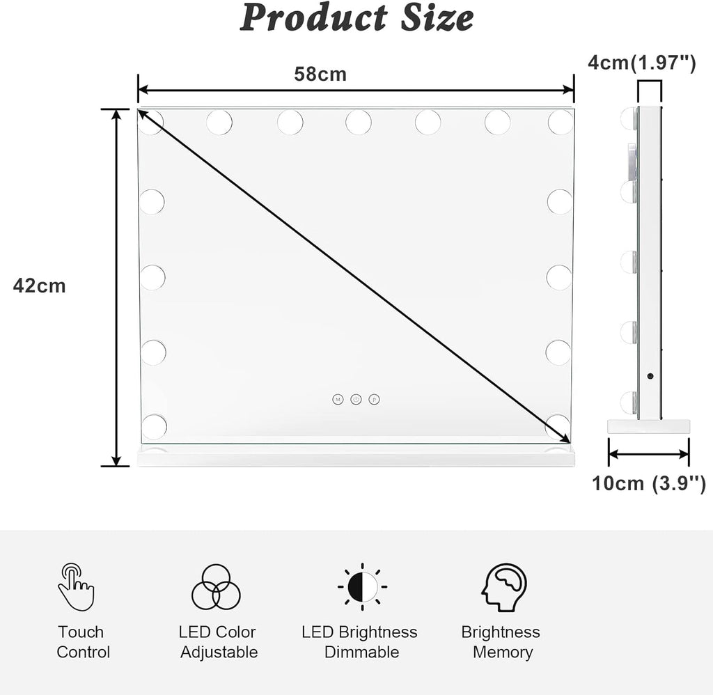 Dripex Hollywood Vanity Mirror with 15 LED Bulbs | 58x42cm Makeup Mirror