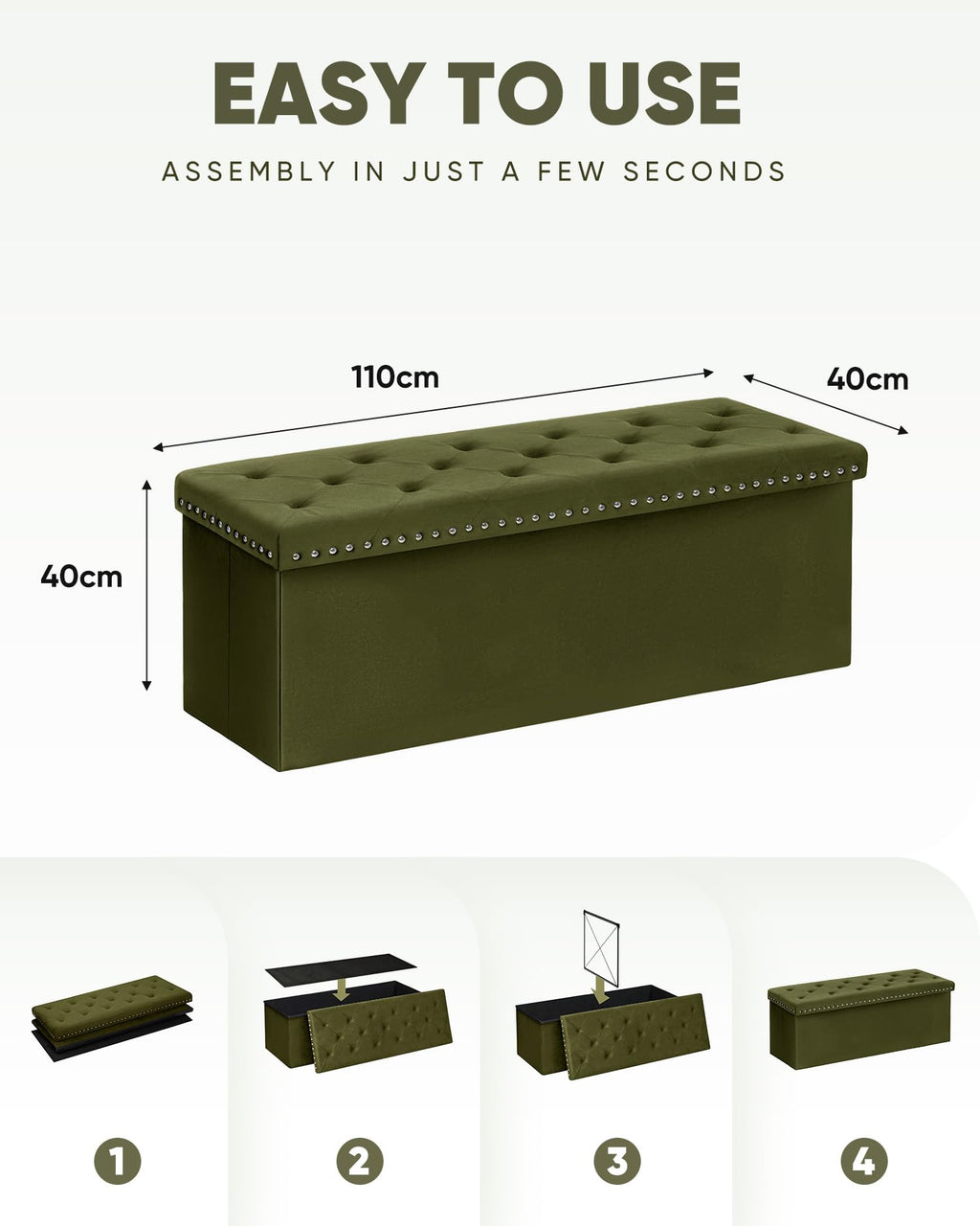 Bonlife Velvet Storage Ottoman, Folding Footstool Space-Saving Bench,110cm
