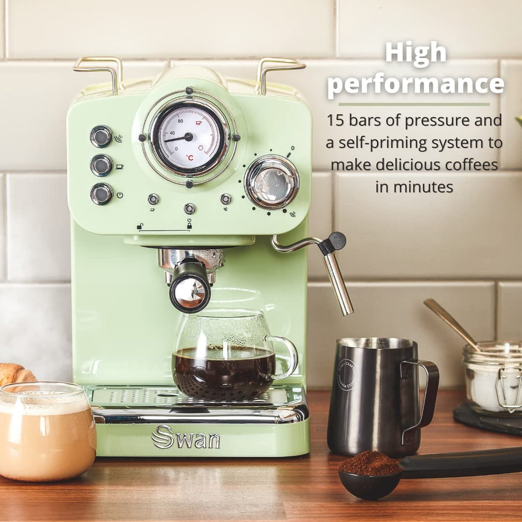 Swan Retro Espresso Coffee Machine with Milk Frother - 1.2L, Green