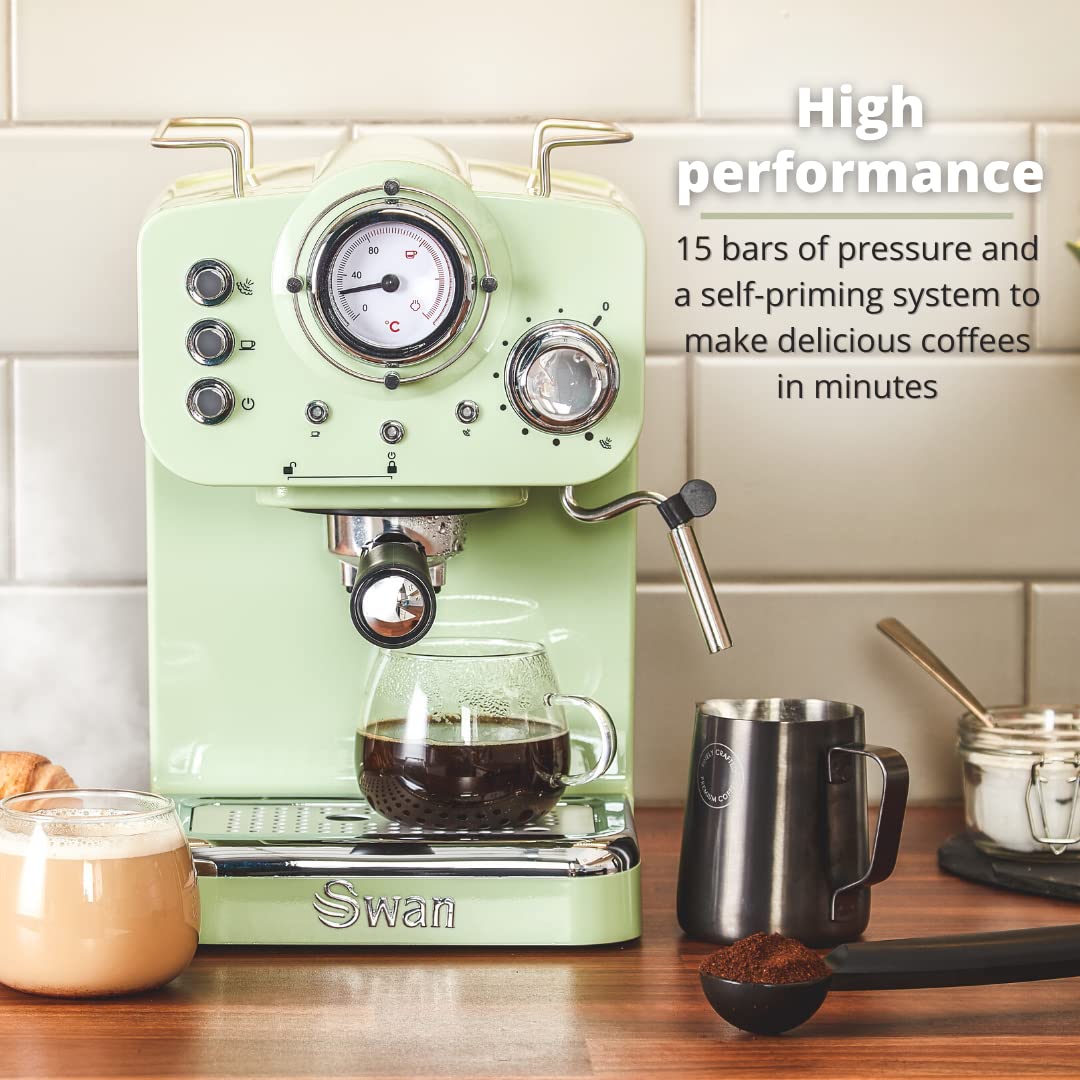 Swan Retro Espresso Coffee Machine with Milk Frother - 1.2L, Green