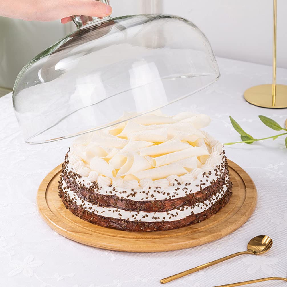 VOSAREA Wooden Cake Tray with Glass Dome - 29cm Serving Platter Stand