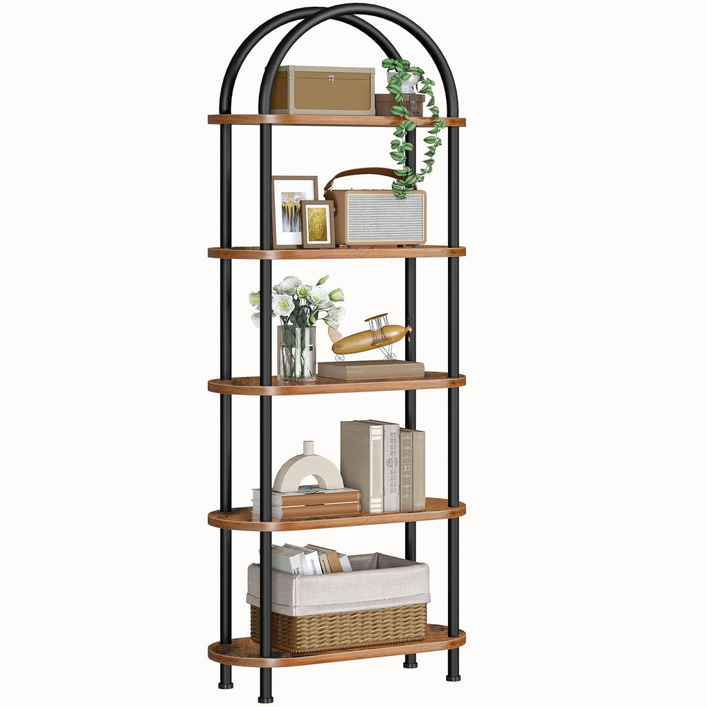 HOOBRO 5-Tier Industrial Arched Bookcase - Rustic Brown Tall Storage Shelf