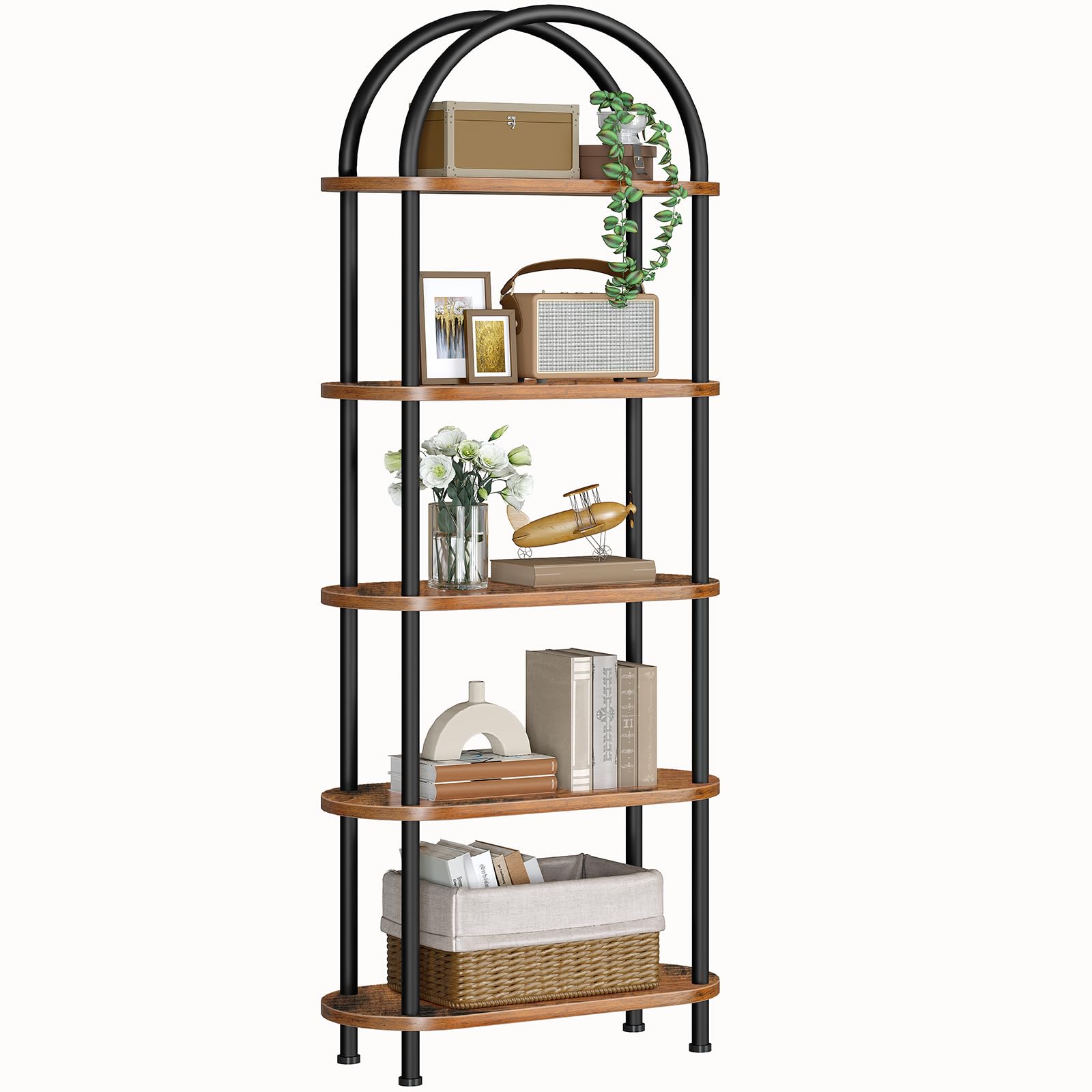 HOOBRO 5-Tier Industrial Arched Bookcase - Rustic Brown Tall Storage Shelf