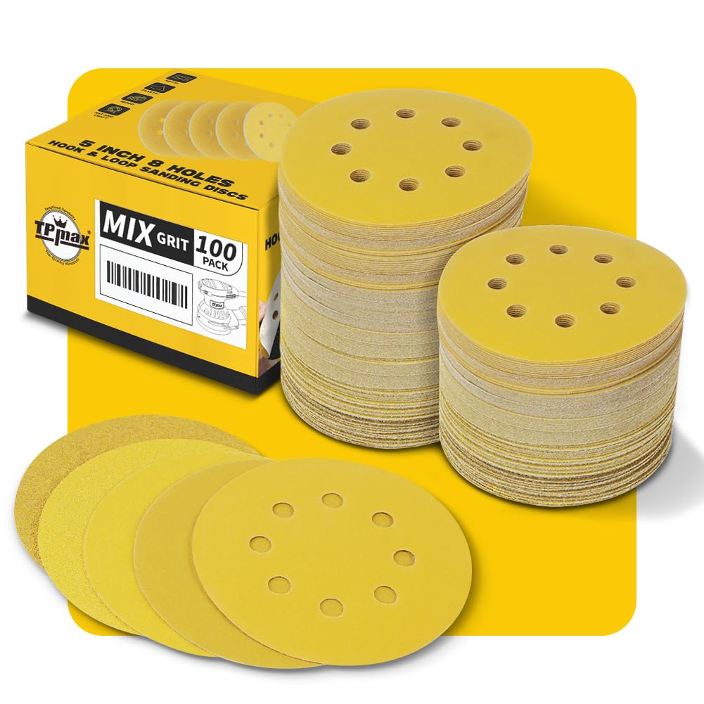 100PCS 125mm 8 Hole Sanding Discs - Mixed Grits Gold Sandpaper