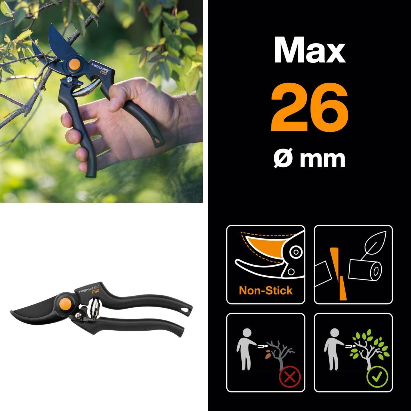 Fiskars Pro Pruner P90 - Professional Steel Pruning Shears, 2.6cm