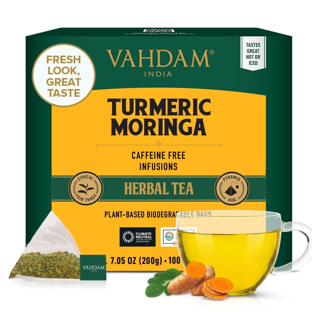 VAHDAM Turmeric Moringa Herbal Tea Bags | Caffeine Free - 100 Count