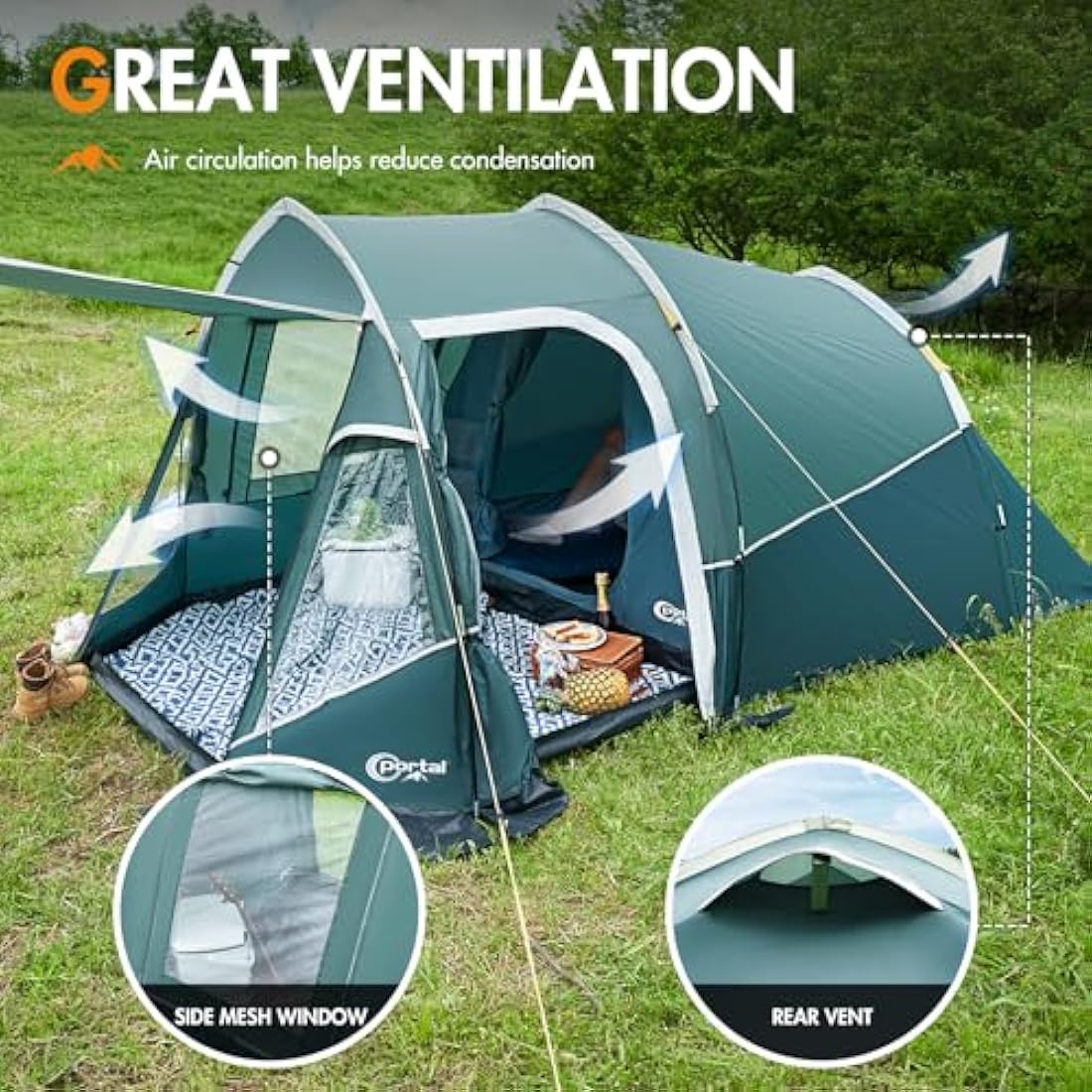 Portal 3 Person Tunnel Tent – 3000mm Waterproof Camping Tent with Porch