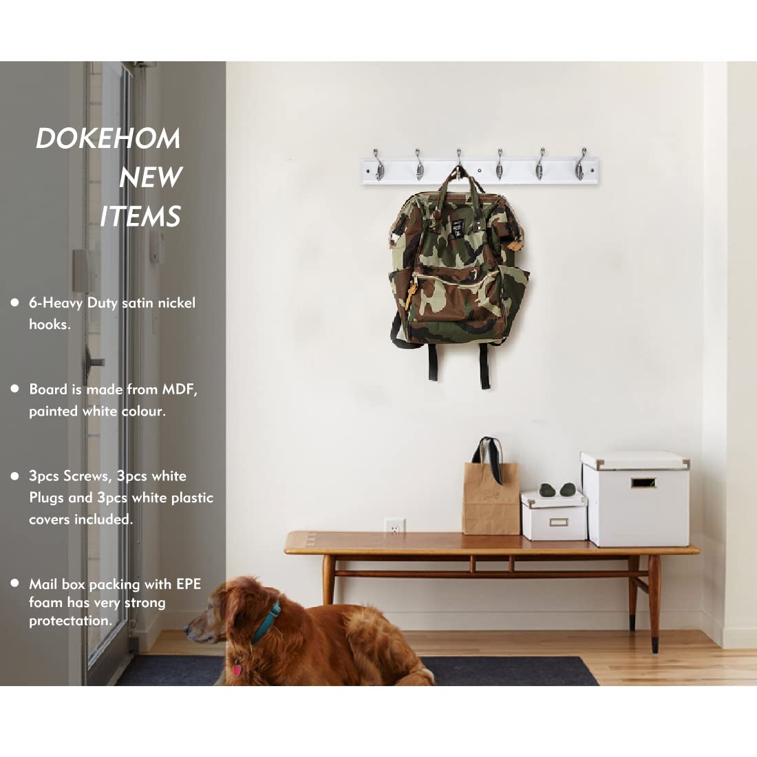 DOKEHOM Wall Mounted Coat Hook Rack | 2 Pack 6-Satin Nickel Hooks