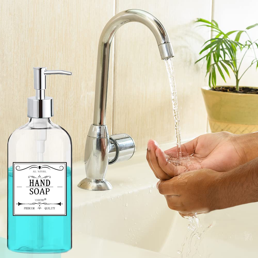 Clear Soap Dispenser with Rust Proof Pump, Waterproof Labels 2 Pack,16 Oz, Plastic Hand Soap Dish Soap Dispenser for Kitchen Bathroom