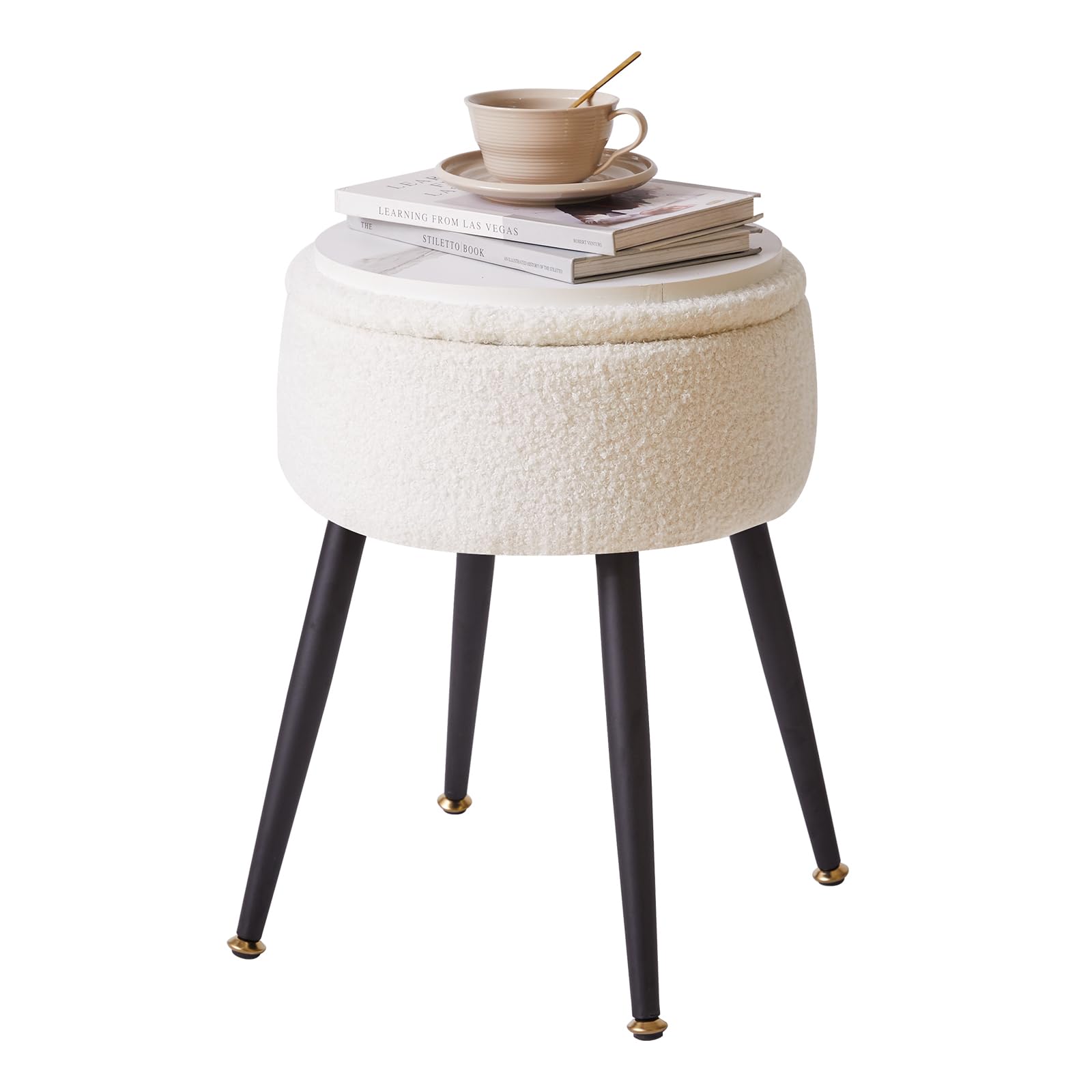 Aibiju Round Storage Vanity Stool | Faux Teddy Fur Makeup Chair with Metal Legs