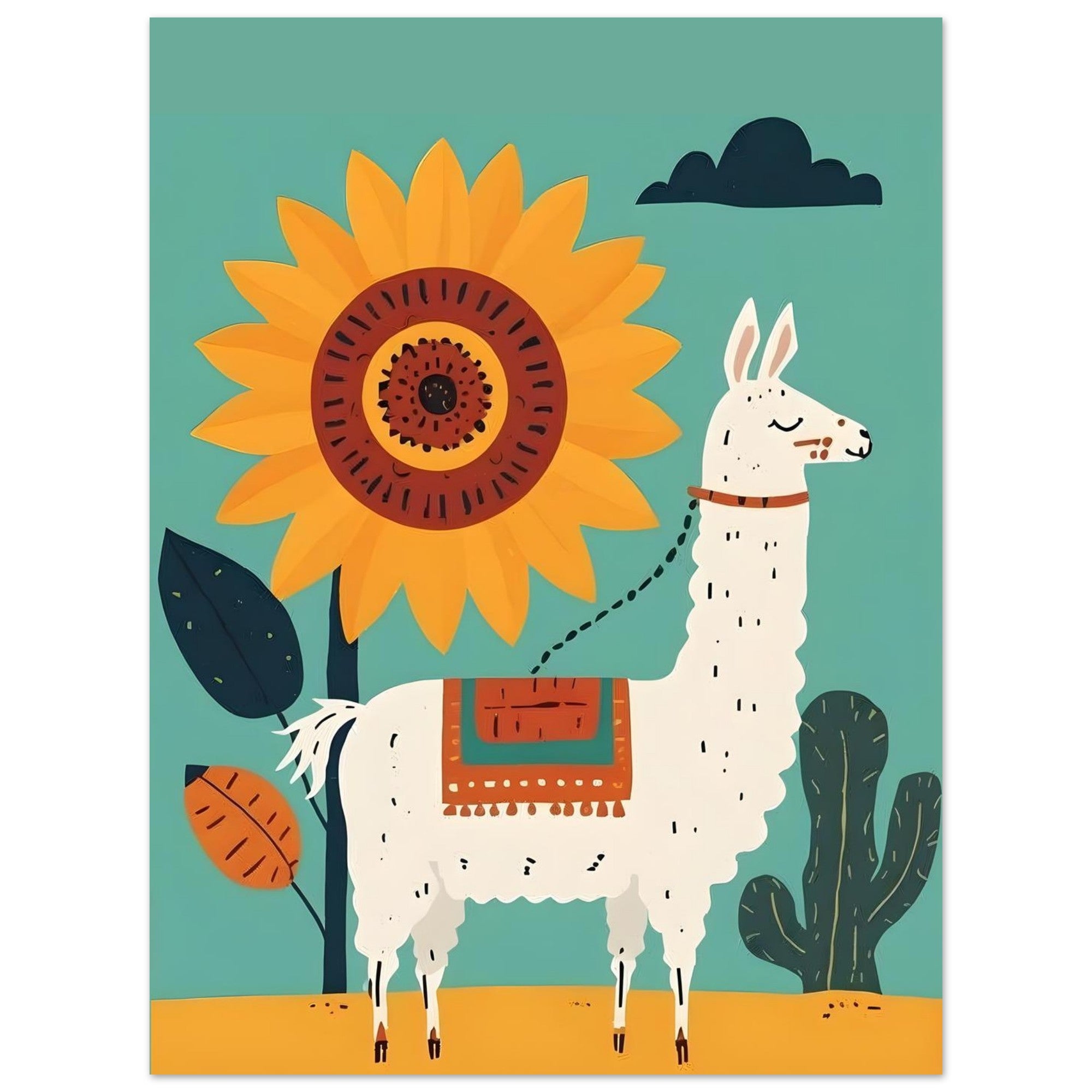 Whimsical Llama Folk Art Poster - Boho Wall Decor - Modern Mid-Century Colors