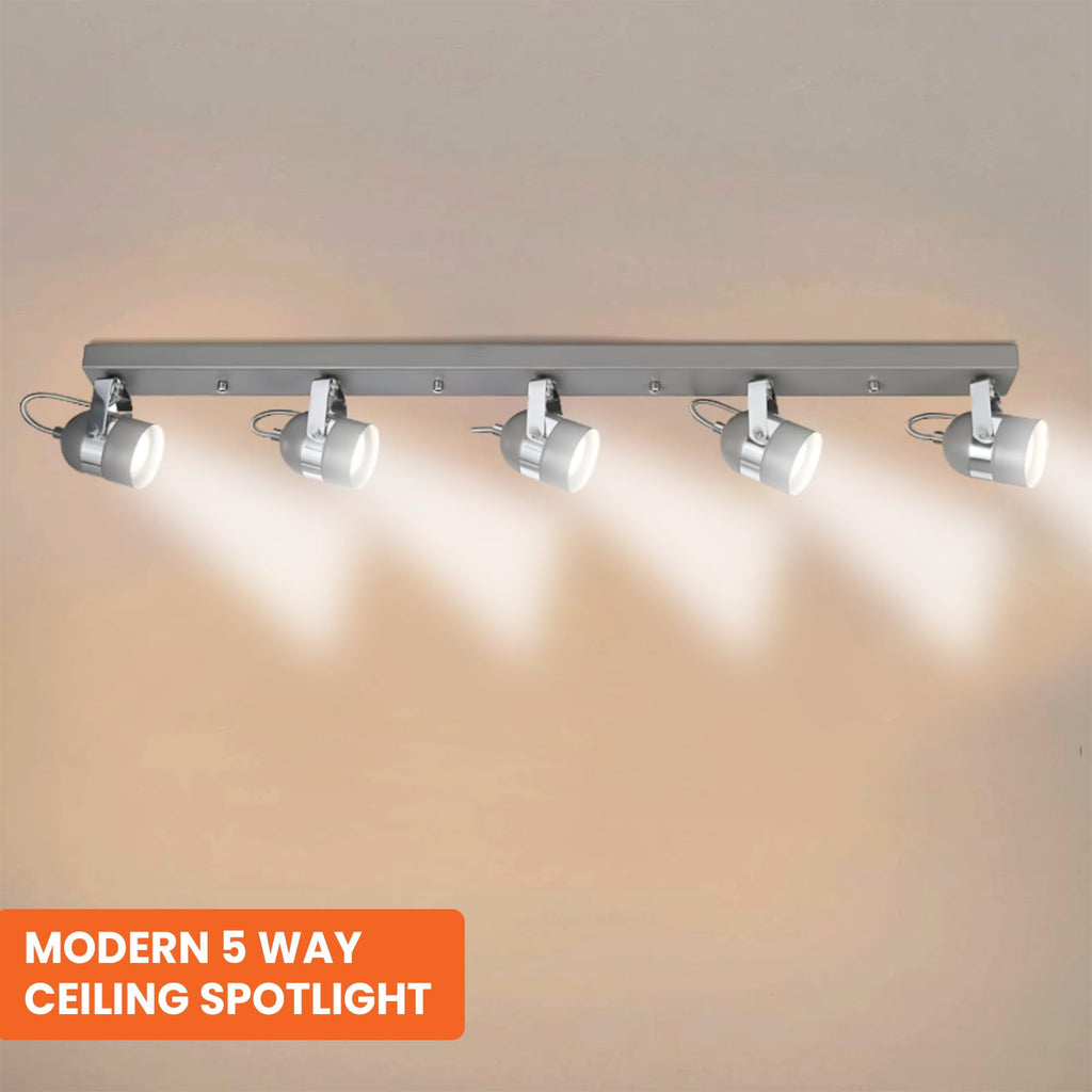 UKEW 5 Way Modern Ceiling Spotlight Bar | 90cm Adjustable GU10 - Grey