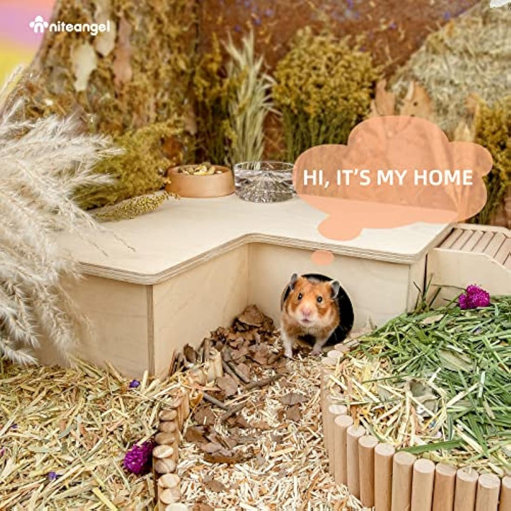 Niteangel 3-Chamber Hamster House Maze – Birch Wood Syrian Hamster Hideout