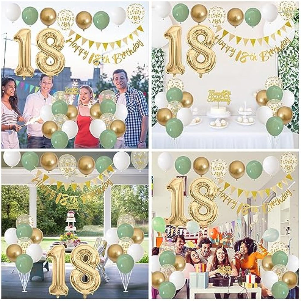 18th Birthday Decorations – Sage Green, Gold & White Party Kit