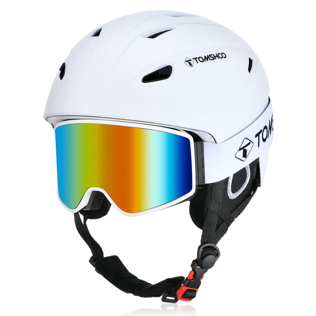 TOMSHOO Ski Helmet and Goggles Set | Shockproof Snowboard Gear - White