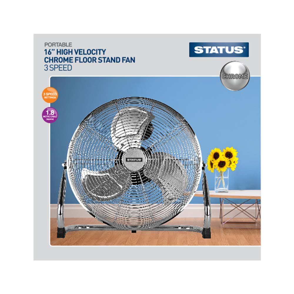 Status 16 Inch Floor Fan – 3 Speed Adjustable Portable Fan, Chrome